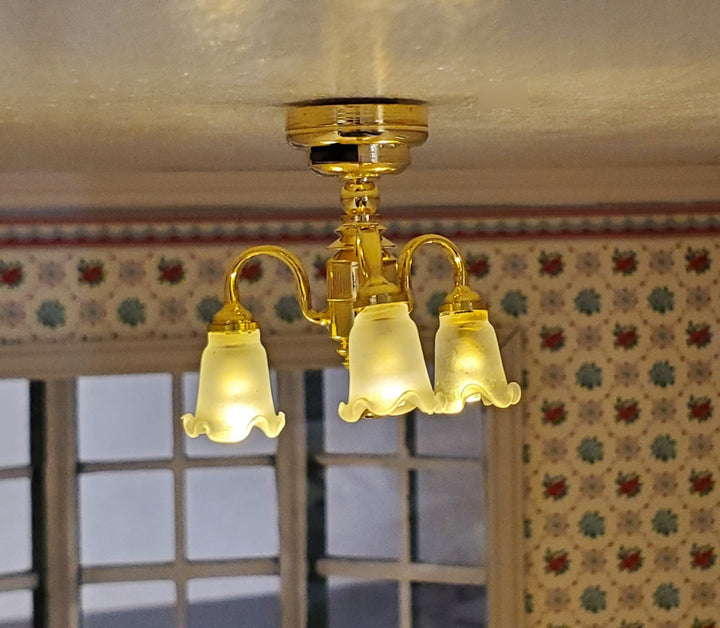 Dollhouse Chandelier Battery Ceiling Light 3 Arm Tulip 1:12 Scale Miniature - Miniature Crush