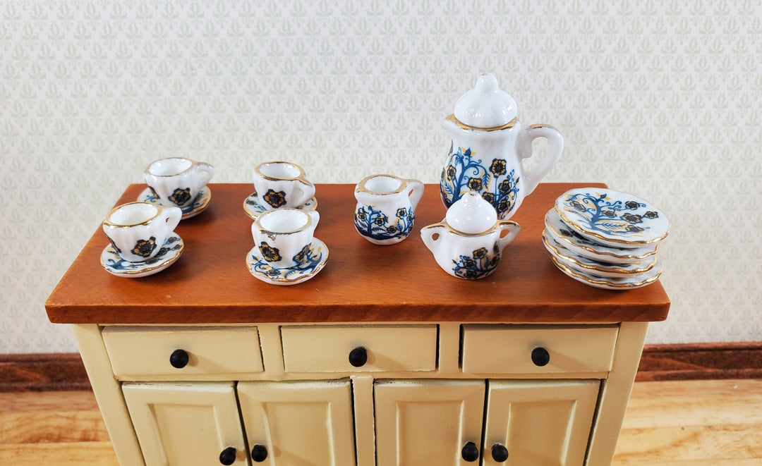 Dollhouse Coffee Set with Plates Blue Tree Design Ceramic 1:12 Scale Miniature - Miniature Crush