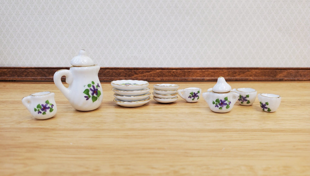 Dollhouse Coffee Tea Set Large Ceramic Plates Cups Saucers Purple & White Floral - Miniature Crush