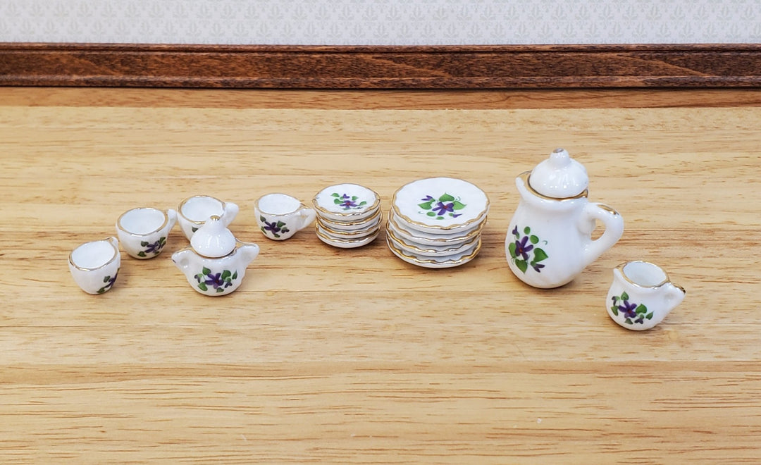 Dollhouse Coffee Tea Set Large Ceramic Plates Cups Saucers Purple & White Floral - Miniature Crush