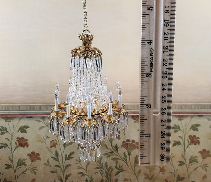 Dollhouse Crystal Chandelier Grand 9 Arm Real Glass 12 Volt 1:12 Scale Miniature - Miniature Crush