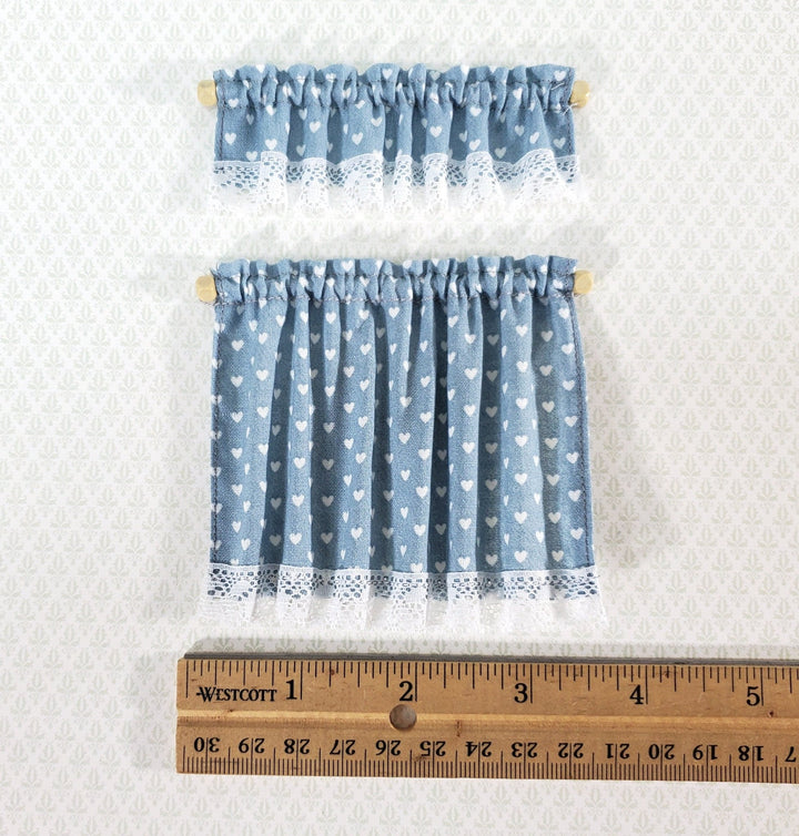 Dollhouse Curtains Nursery or Kitchen Blue with White Hearts 1:12 Scale Miniature - Miniature Crush