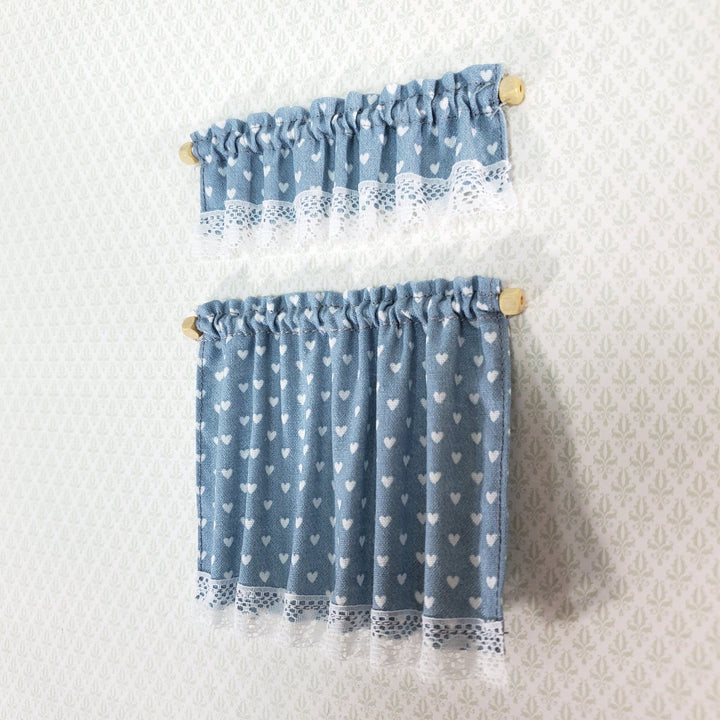 Dollhouse Curtains Nursery or Kitchen Blue with White Hearts 1:12 Scale Miniature - Miniature Crush