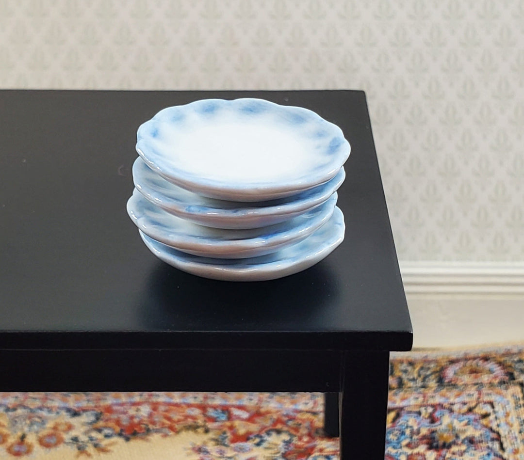 Dollhouse Dinner Plates White Ceramic with Blue Edge Set of 4 1:12 Scale 1" - Miniature Crush