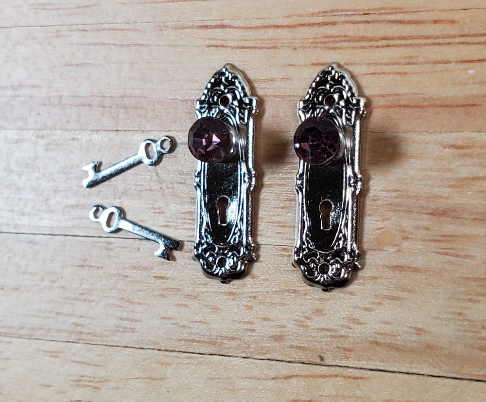 Dollhouse Doorknobs Silver with Purple Crystal Knob Metal 1:12 Scale Miniature - Miniature Crush