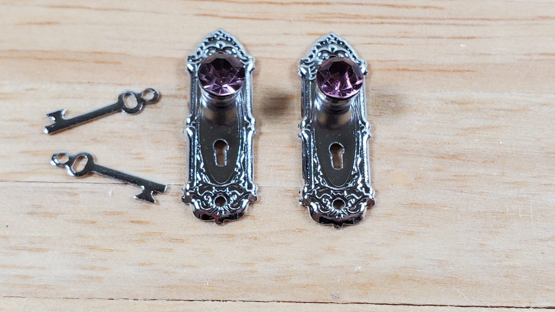Dollhouse Doorknobs Silver with Purple Crystal Knob Metal 1:12 Scale Miniature - Miniature Crush