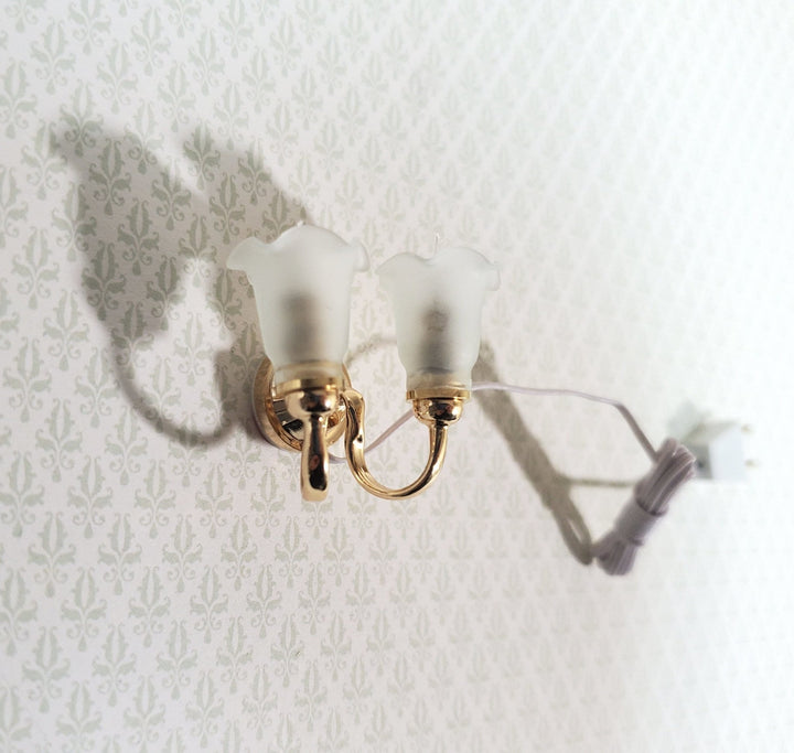 Dollhouse Double Sconce Tulip Flower Shade 12 Volt 1:12 Scale Miniature Wall Light - Miniature Crush