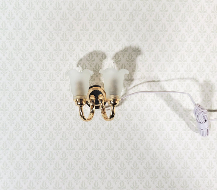 Dollhouse Double Sconce Tulip Flower Shade 12 Volt 1:12 Scale Miniature Wall Light - Miniature Crush
