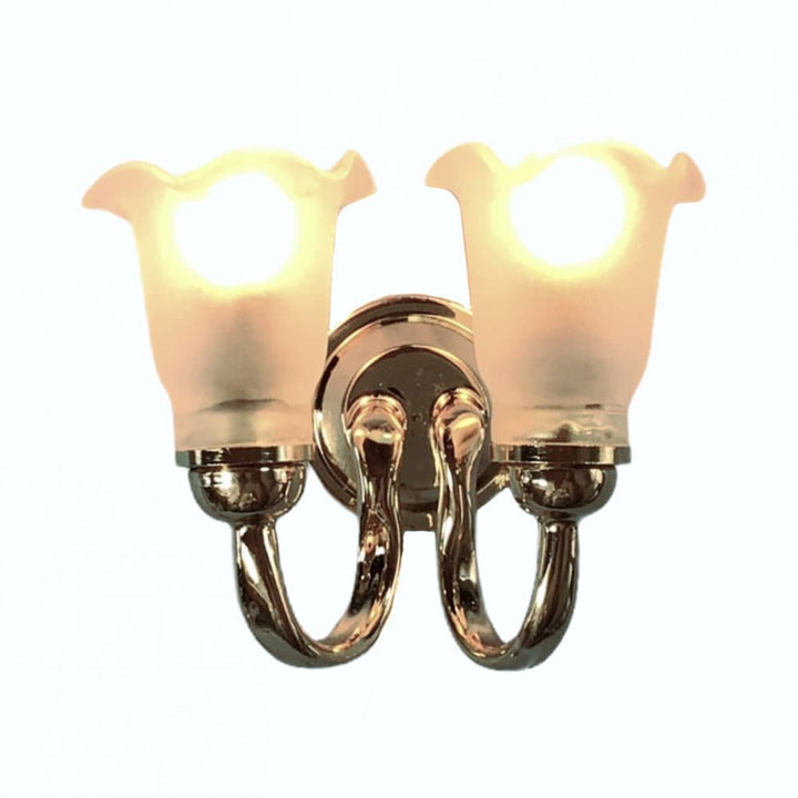 Dollhouse Double Sconce Tulip Flower Shade 12 Volt 1:12 Scale Miniature Wall Light - Miniature Crush