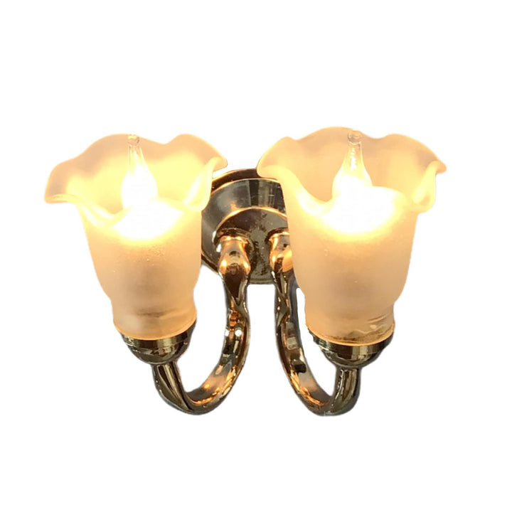 Dollhouse Double Sconce Tulip Flower Shade 12 Volt 1:12 Scale Miniature Wall Light - Miniature Crush