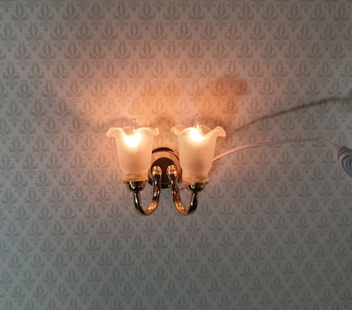 Dollhouse Double Sconce Tulip Flower Shade 12 Volt 1:12 Scale Miniature Wall Light - Miniature Crush
