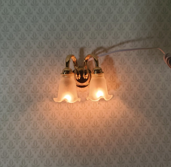 Dollhouse Double Sconce Tulip Flower Shade 12 Volt 1:12 Scale Miniature Wall Light - Miniature Crush