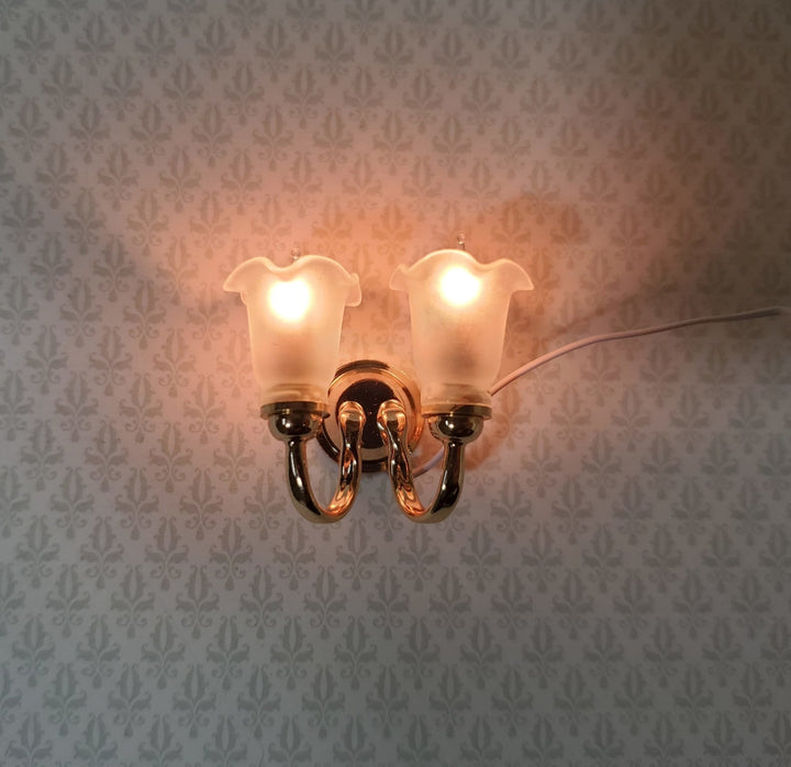 Dollhouse Double Sconce Tulip Flower Shade 12 Volt 1:12 Scale Miniature Wall Light - Miniature Crush
