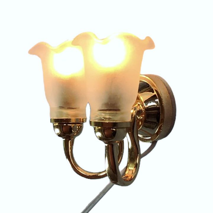 Dollhouse Double Sconce Tulip Flower Shade 12 Volt 1:12 Scale Miniature Wall Light - Miniature Crush