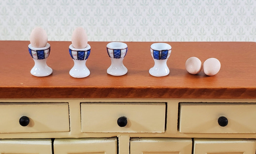 Dollhouse Eggs Cups Servers with Eggs Set of 4 Blue and White Ceramic 1:12 Scale Miniature - Miniature Crush