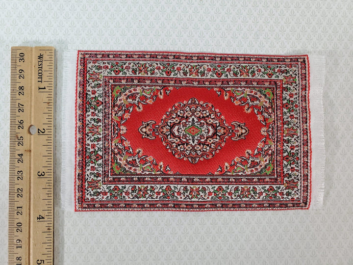 Dollhouse Fabric Rug Small Woven Fabric Red 6 1/4" x 3 7/8" with Fringe 1:12 Scale Miniature - Miniature Crush