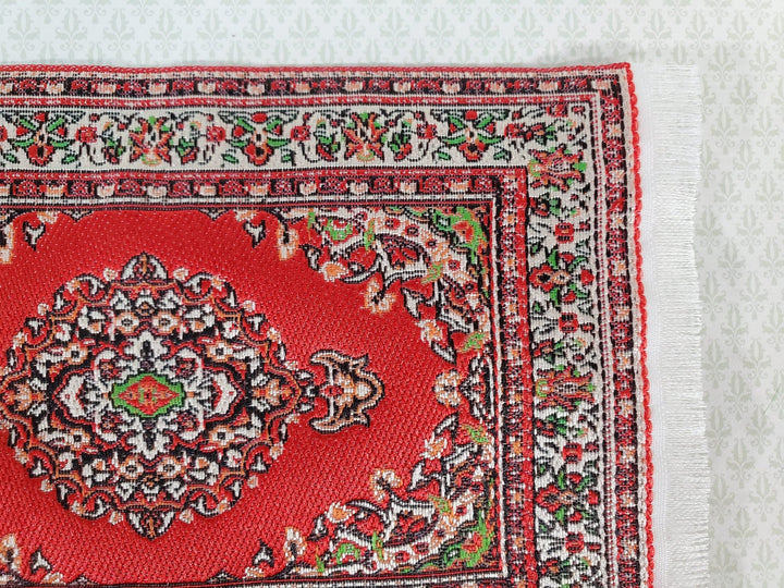 Dollhouse Fabric Rug Small Woven Fabric Red 6 1/4" x 3 7/8" with Fringe 1:12 Scale Miniature - Miniature Crush