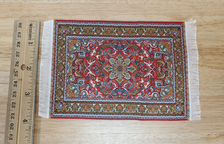 Dollhouse Fabric Rug Small Woven Fabric Red Gold 6 1/4" x 4" with Fringe 1:12 Scale Miniature - Miniature Crush