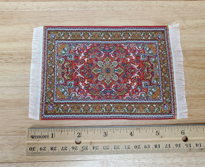 Dollhouse Fabric Rug Small Woven Fabric Red Gold 6 1/4" x 4" with Fringe 1:12 Scale Miniature - Miniature Crush