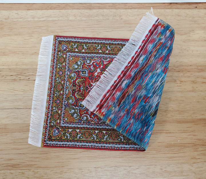 Dollhouse Fabric Rug Small Woven Fabric Red Gold 6 1/4" x 4" with Fringe 1:12 Scale Miniature - Miniature Crush