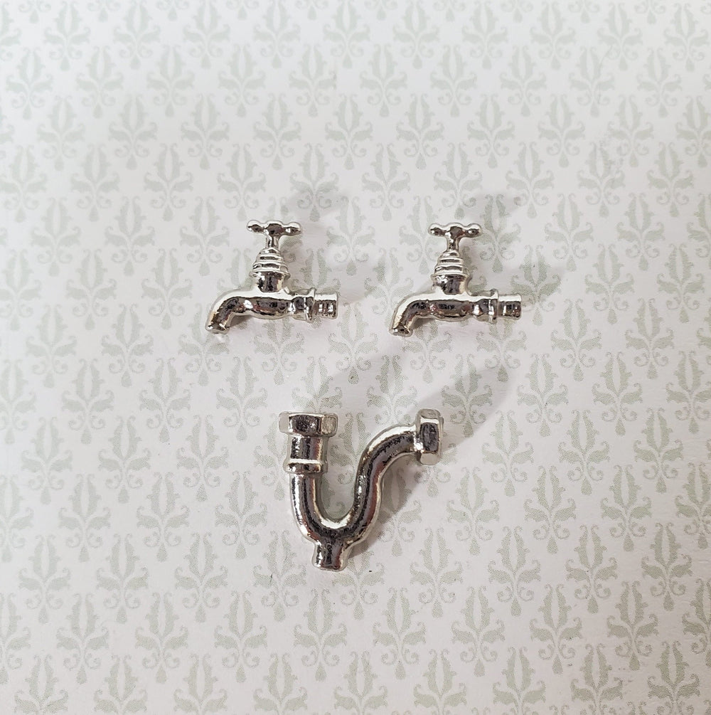 Dollhouse Faucet Taps and Pipe Drain for Kitchen or Bathroom Sink 1:12 Scale Silver Metal S1121 - Miniature Crush