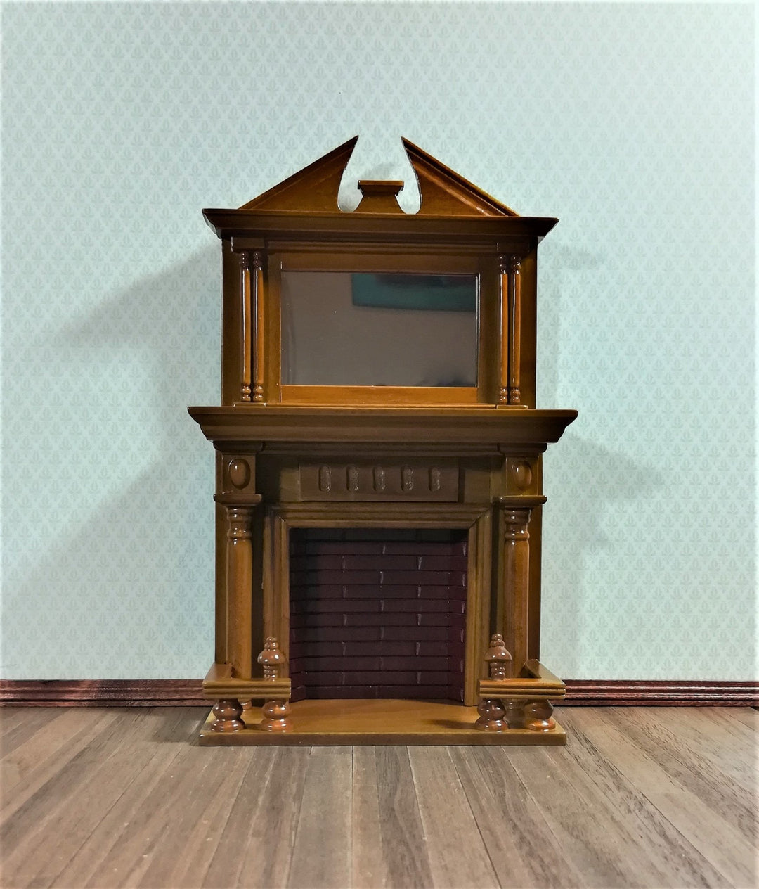 Dollhouse Fireplace Large with Square Mirror Walnut Finish 1:12 Scale Miniature Furniture - Miniature Crush