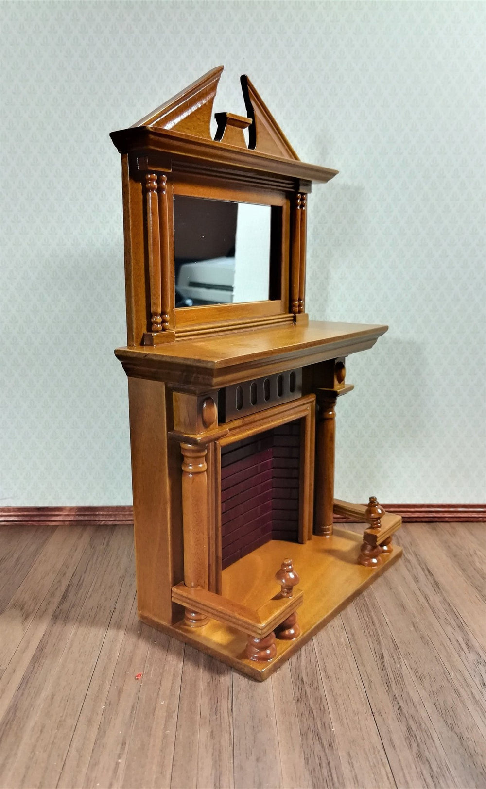 Dollhouse Fireplace Large with Square Mirror Walnut Finish 1:12 Scale Miniature Furniture - Miniature Crush