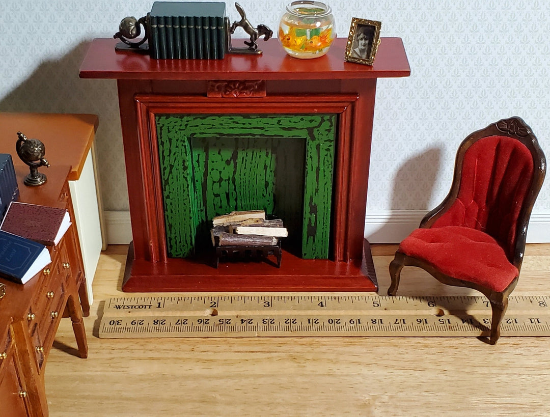 Dollhouse Fireplace with Green Insert Mahogany Finish 1:12 Scale Miniature Furniture - Miniature Crush