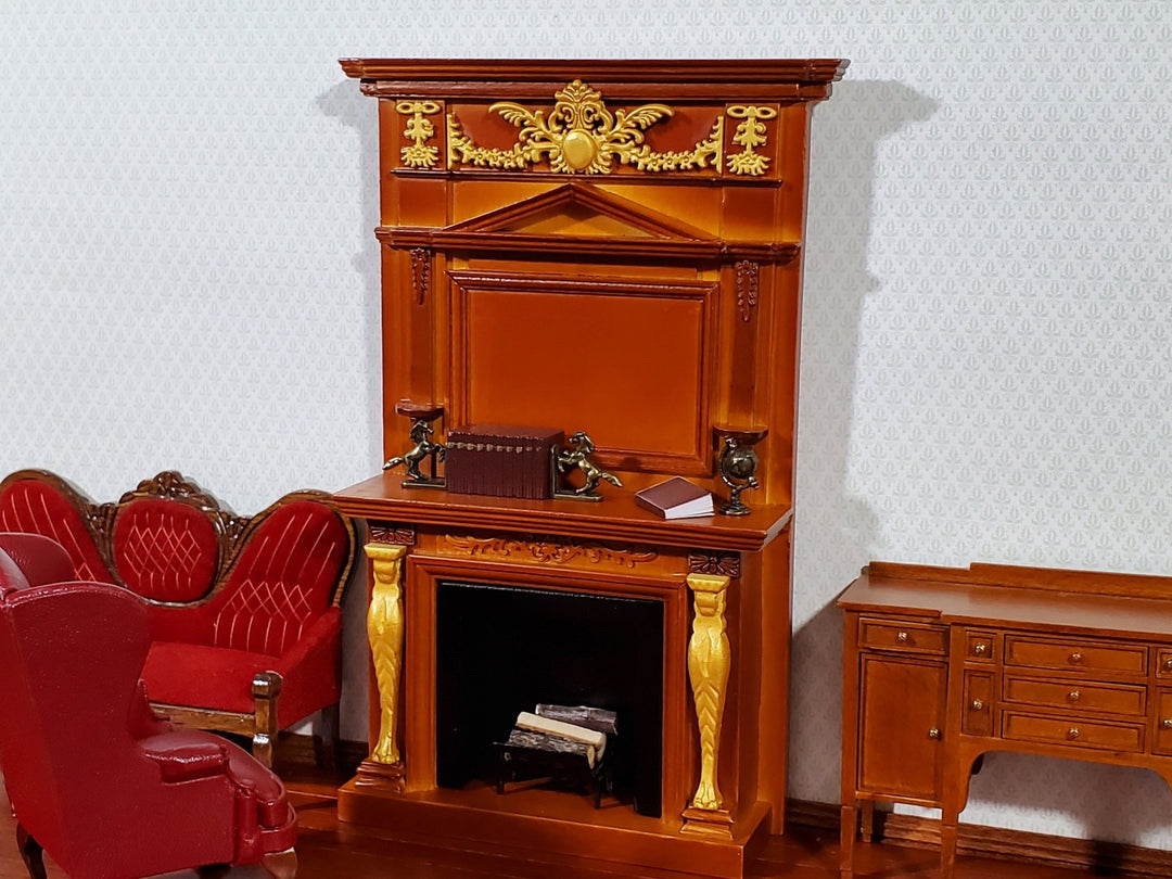 Dollhouse Fireplace with Ornate Overmantel 1:12 Scale Miniature Walnut Finish - Miniature Crush