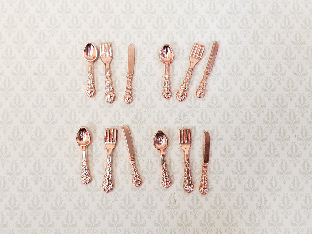 Dollhouse Flatware Copper Finish Fork Spoon Knife Fancy 4 Place Settings 1:12 Scale - Miniature Crush