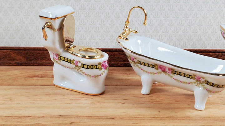 Dollhouse HALF SCALE Bathroom Set Reutter Porcelain Victorian Rose 1:24 Tub Sink - Miniature Crush