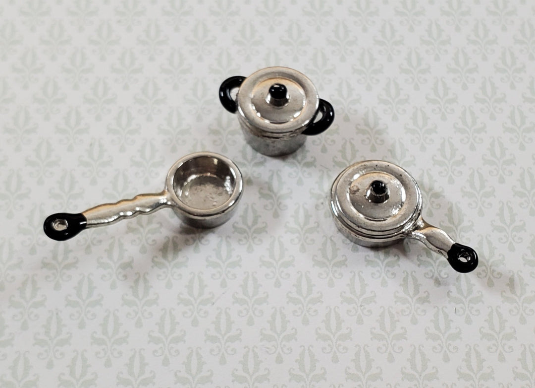 Dollhouse HALF SCALE Pots and Pans Silver Metal Set of 3 Small 1:24 Miniatures - Miniature Crush