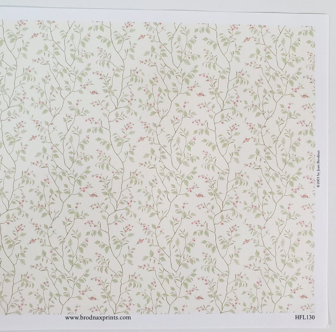 Dollhouse HALF SCALE Wallpaper 3 Sheets Green & Cream with Leaves "Cherry Blossom" 1:24 Scale - Miniature Crush