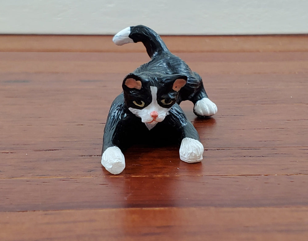 Dollhouse Kitty Cat Tuxedo Black and White Playful Pose 1:12 Scale Miniature Pet - Miniature Crush