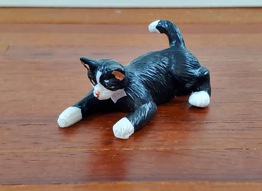 Dollhouse Kitty Cat Tuxedo Black and White Playful Pose 1:12 Scale Miniature Pet - Miniature Crush