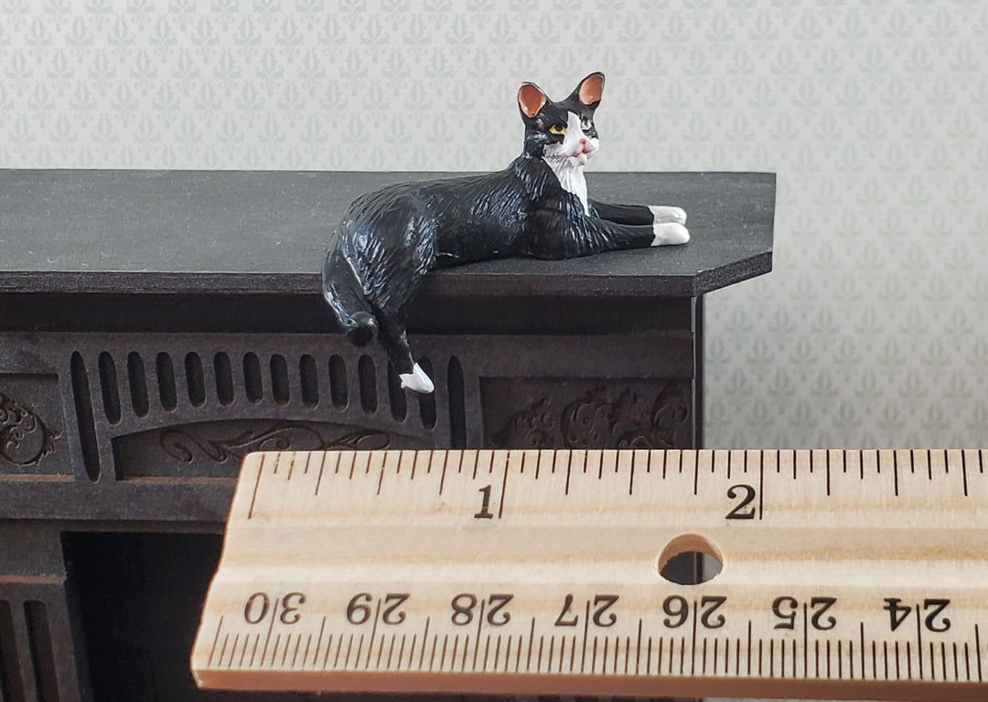 Dollhouse Kitty Cat Tuxedo Black White Shelf Sitter Leg Down 1:12 Scale Miniature - Miniature Crush