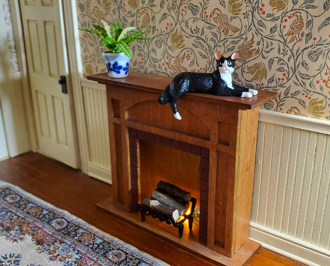 Dollhouse Kitty Cat Tuxedo Black White Shelf Sitter Leg Down 1:12 Scale Miniature - Miniature Crush
