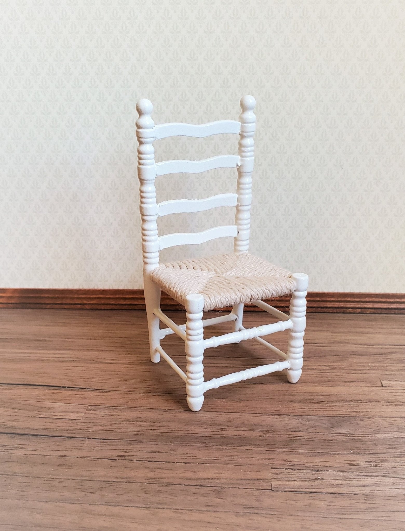 4 Vintage Dollhouse Miniature Ladder Back Chairs Rope Seats 1:12th