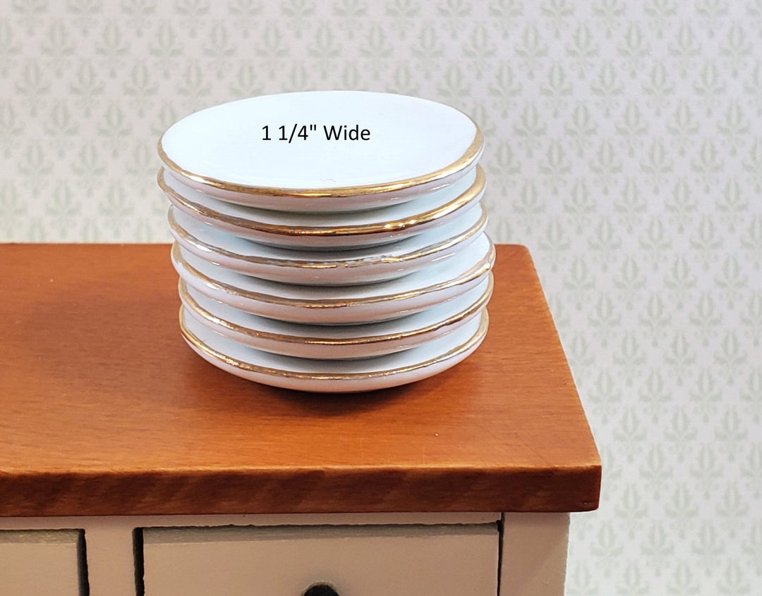 Dollhouse Large Round Plates or Platters White Gold Trim Set of 6 Ceramic 1.25" - Miniature Crush