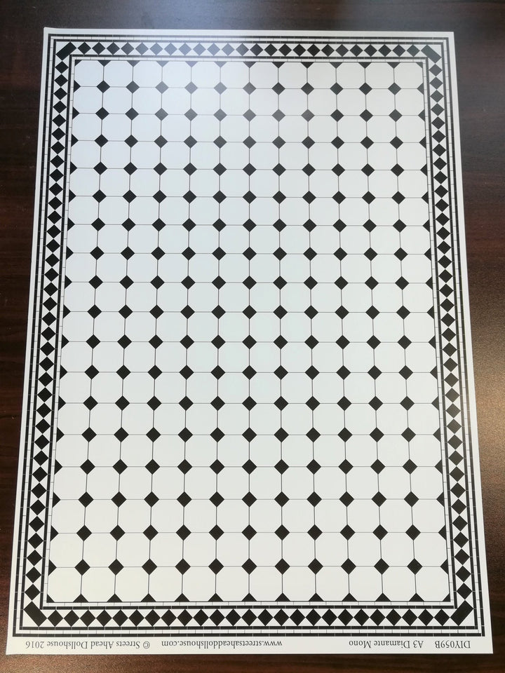 Dollhouse Miniature Black & White Faux Tile Flooring Diamonds Squares 1:12 Scale - Miniature Crush