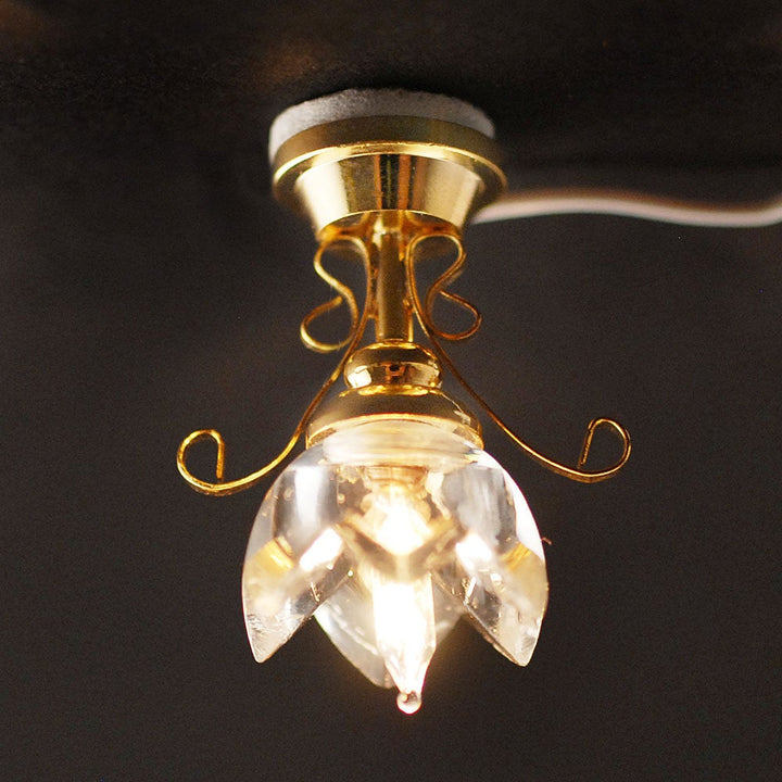 Dollhouse Miniature Ceiling Light Lily Flower Shade Gold 12 Volt 1:12 - Miniature Crush