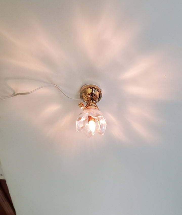 Dollhouse Miniature Ceiling Light Lily Flower Shade Gold 12 Volt 1:12 - Miniature Crush