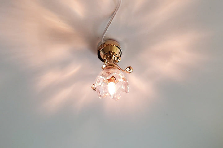 Dollhouse Miniature Ceiling Light Lily Flower Shade Gold 12 Volt 1:12 - Miniature Crush