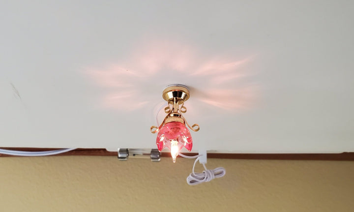 Dollhouse Miniature Ceiling Light Pink Lily Flower Shade Gold 12 Volt 1:12 - Miniature Crush