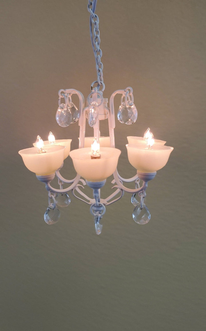 Dollhouse Miniature Chandelier Modern White Metal Crystals 6 Arm Electric 1:12 Scale 12 Volt - Miniature Crush