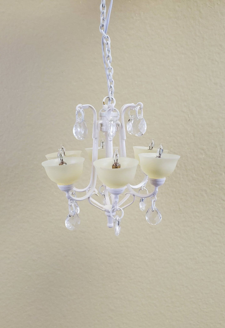 Dollhouse Miniature Chandelier Modern White Metal Crystals 6 Arm Electric 1:12 Scale 12 Volt - Miniature Crush