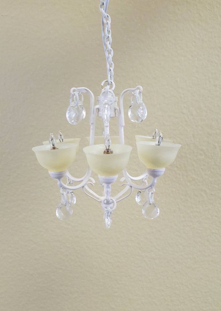 Dollhouse Miniature Chandelier Modern White Metal Crystals 6 Arm Electric 1:12 Scale 12 Volt - Miniature Crush