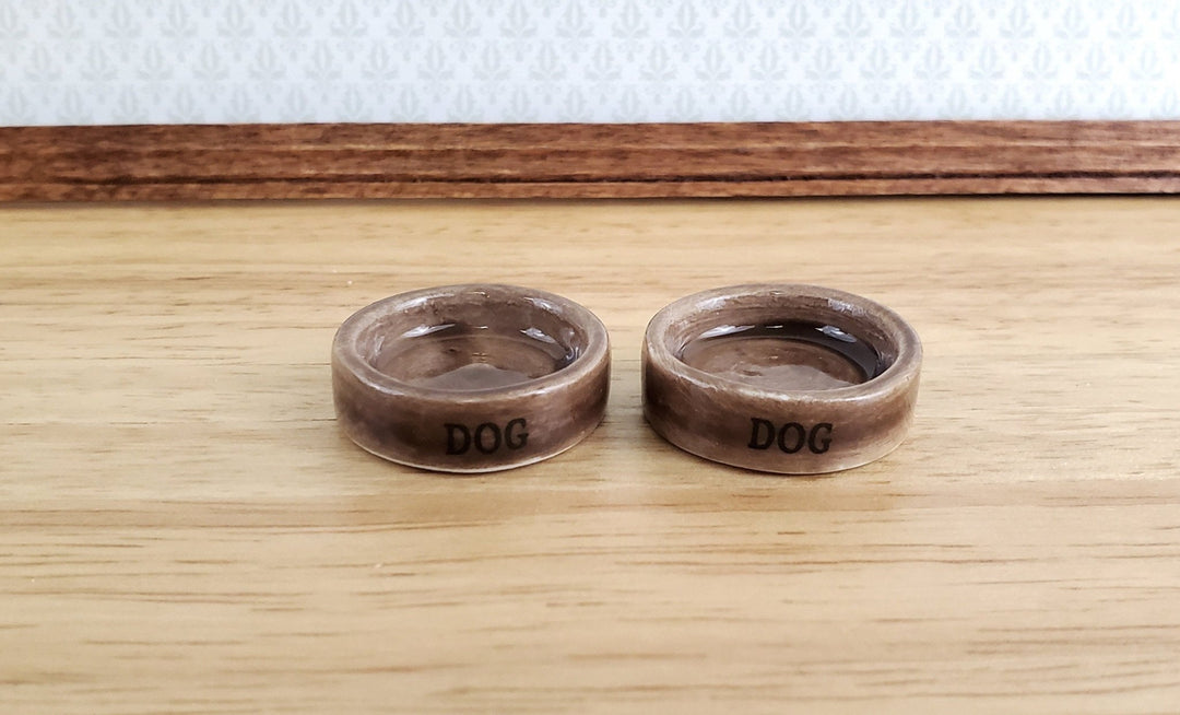 Dollhouse Miniature Dog Food Bowl Doggie Dish x2 Brown Ceramic 1:12 Scale - Miniature Crush