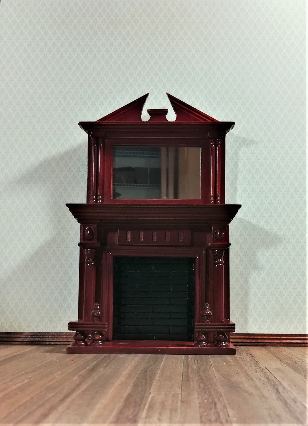 Dollhouse Miniature Fireplace Large with Mirror Mahogany Finish 1:12 Scale - Miniature Crush