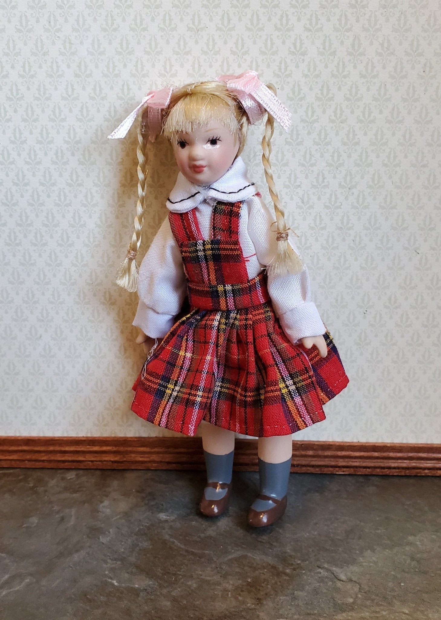 Dollhouse Miniature Girl Doll Braids Porcelain Poseable 1:12 Scale Braids  Red Plaid Dress